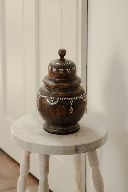 Vintage wooden pot with mosaic inlay