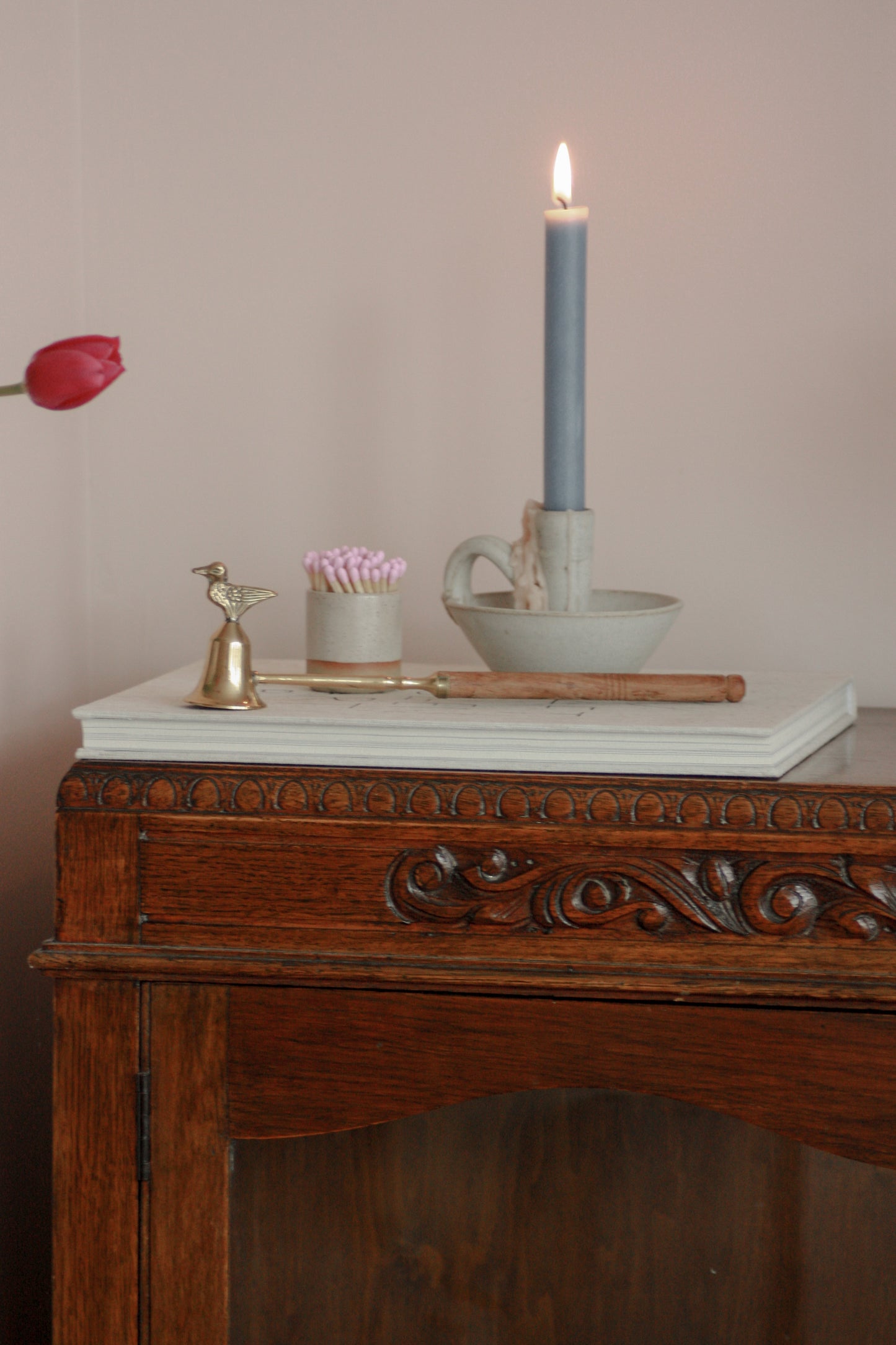 Vintage brass duck candle snuffer with wooden handle