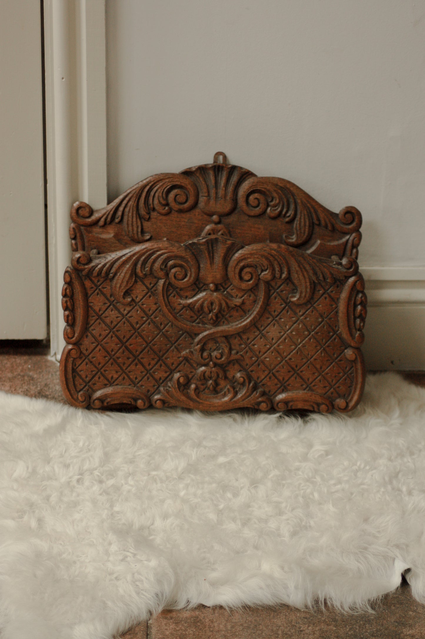 Antique wall mounted hand carved letter / magazine rack