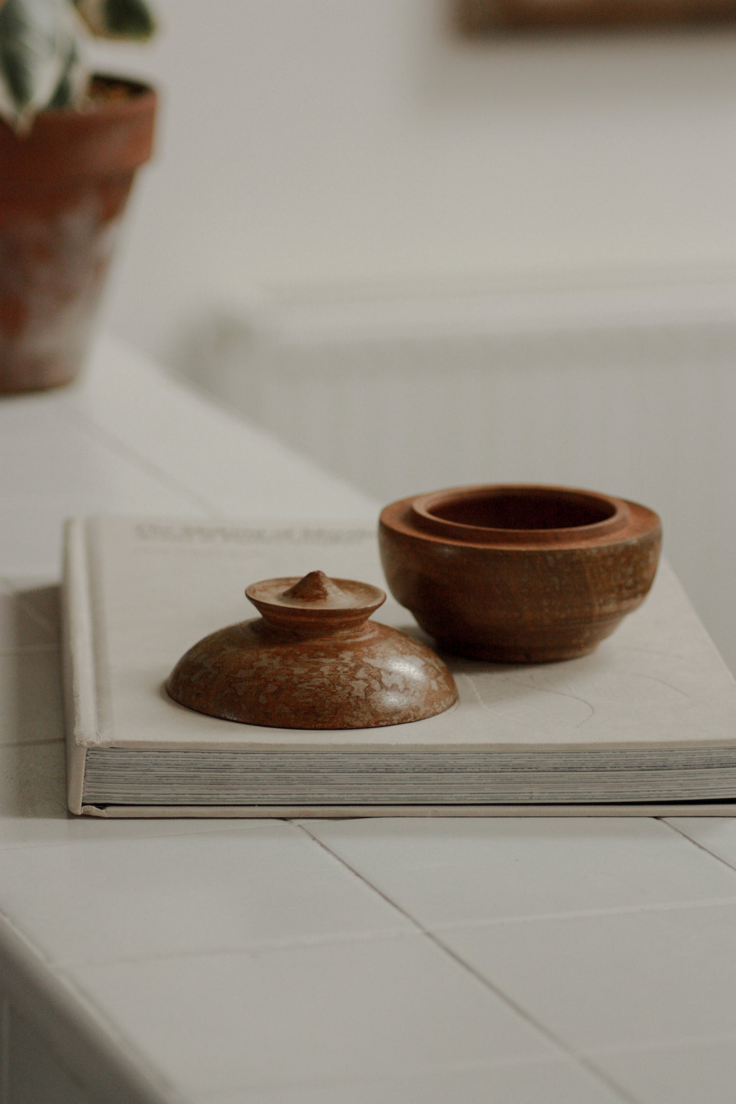 Vintage turned weathered wooden pot