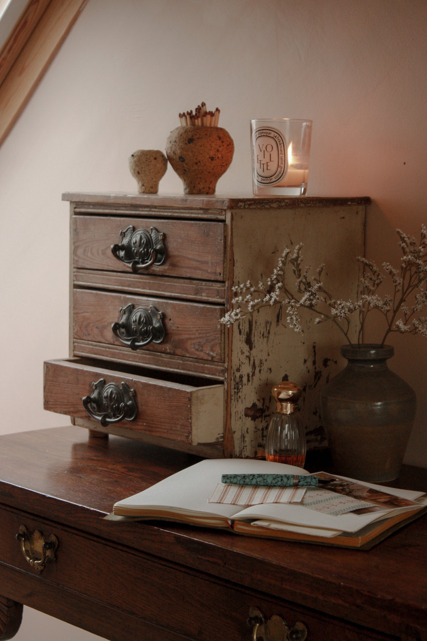 Vintage wooden tabletop drawers with chippy paint