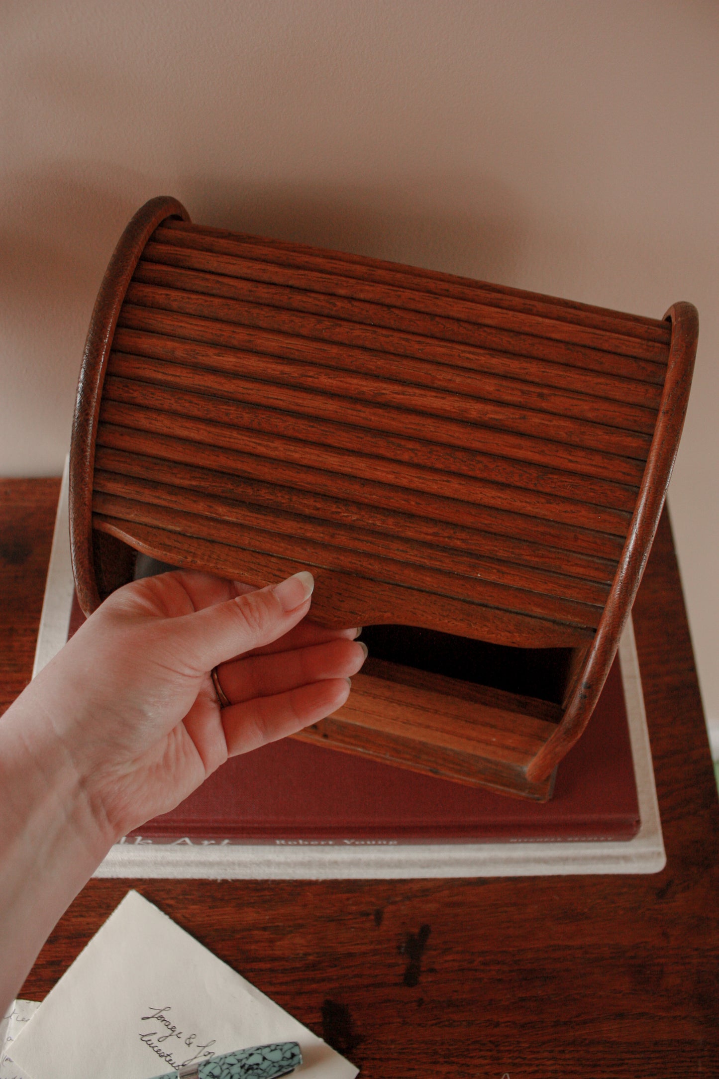 Vintage roll top wooden letter rack