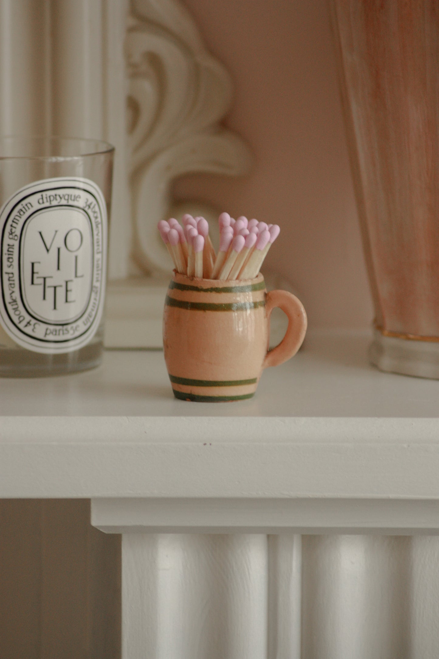 Vintage hand-painted green and peach pink match pot