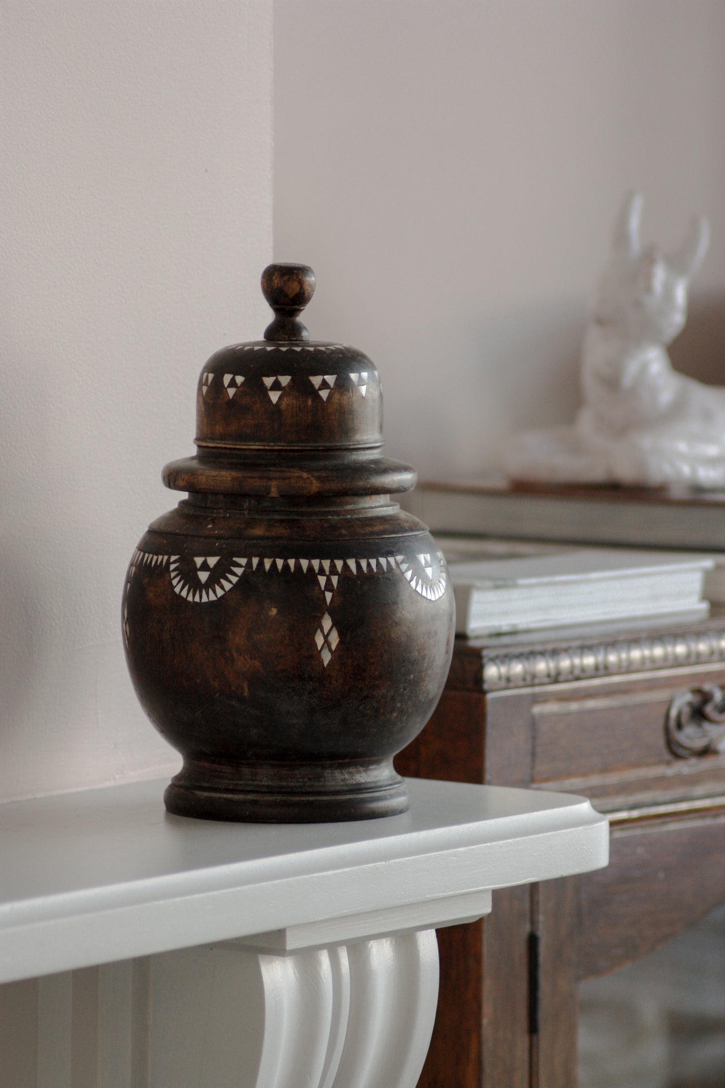 Vintage wooden pot with mosaic inlay