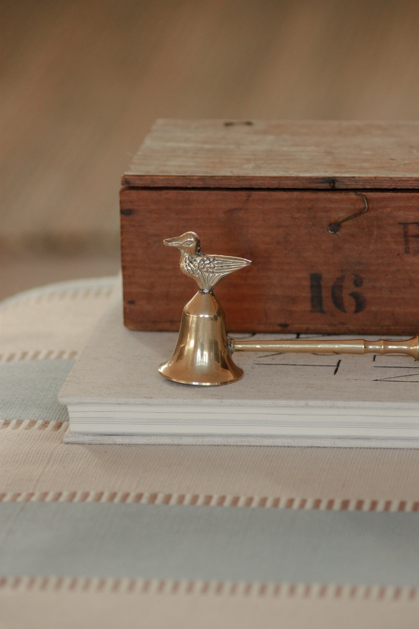 Vintage brass duck candle snuffer with wooden handle