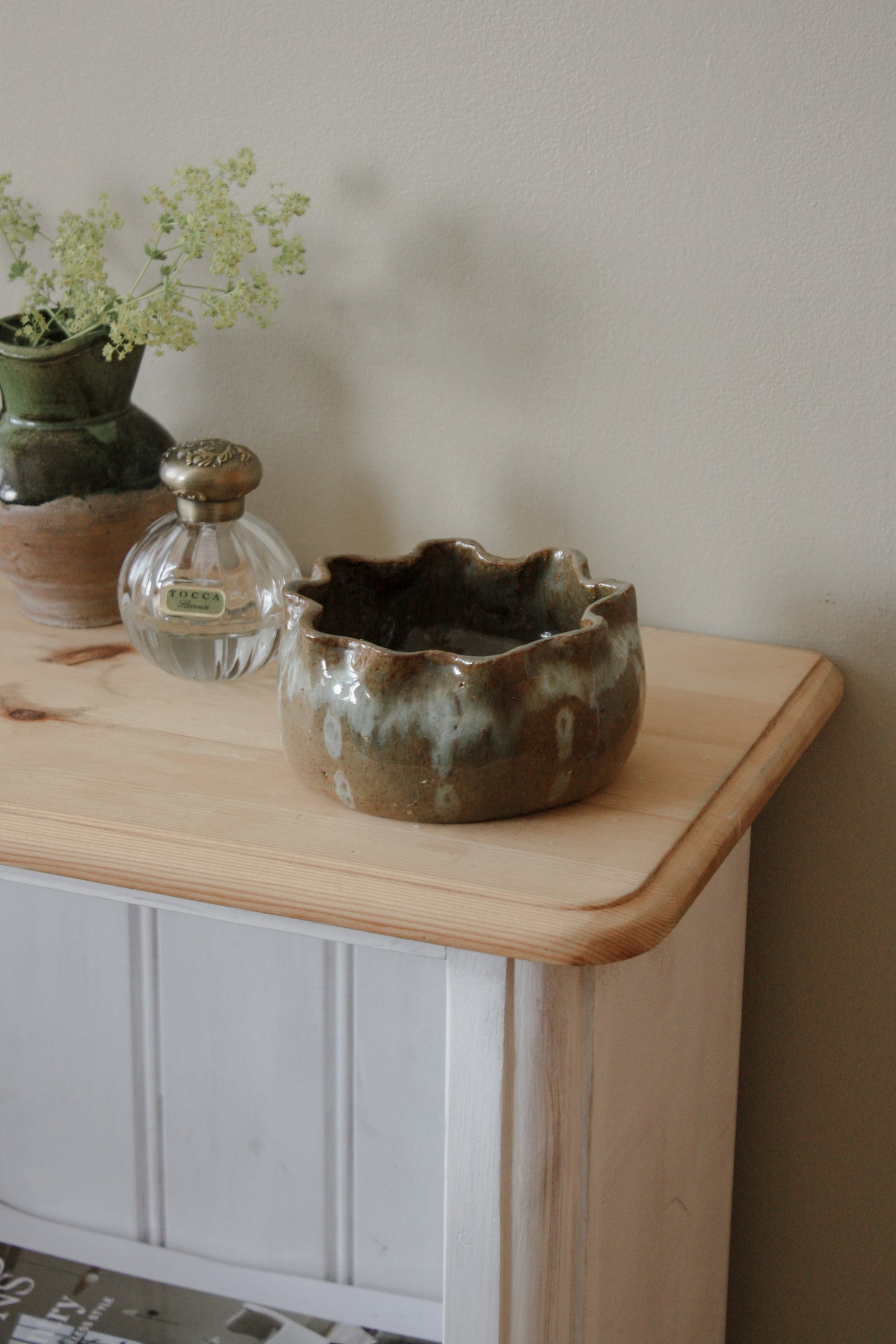 Vintage handmade ruffle rim pottery dish