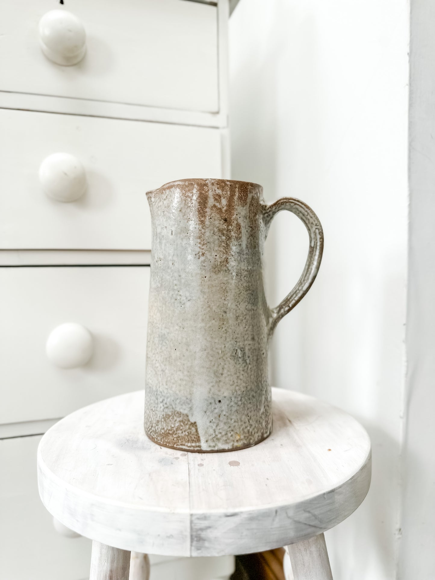 Tall vintage French earthenware jug with grey glaze