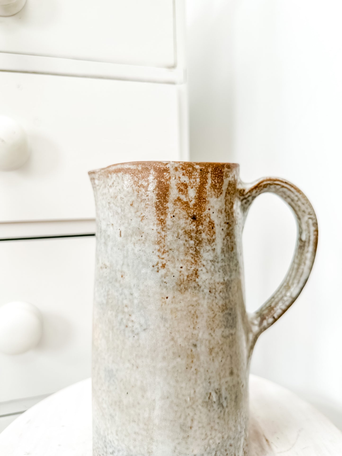 Tall vintage French earthenware jug with grey glaze