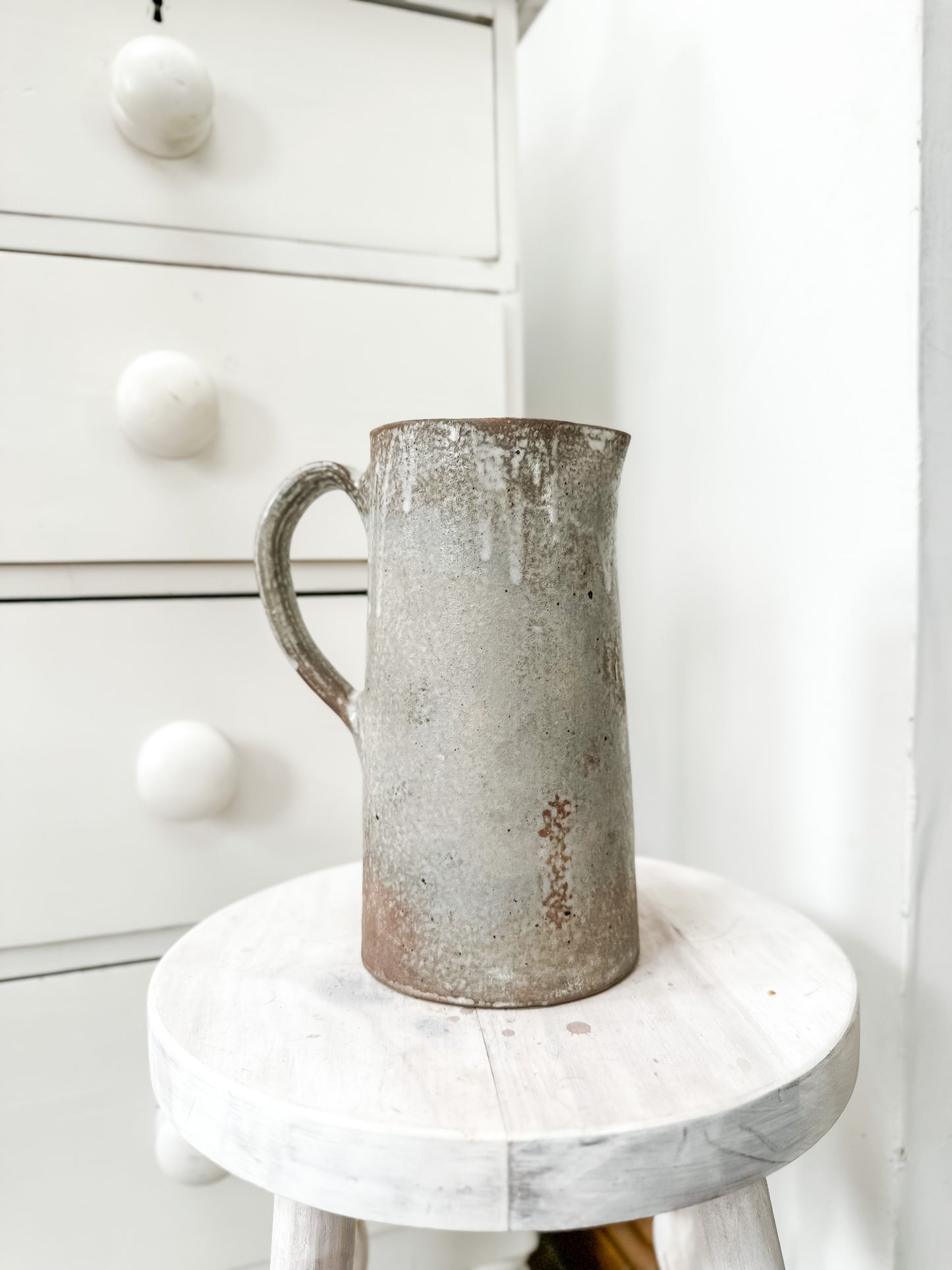 Tall vintage French earthenware jug with grey glaze