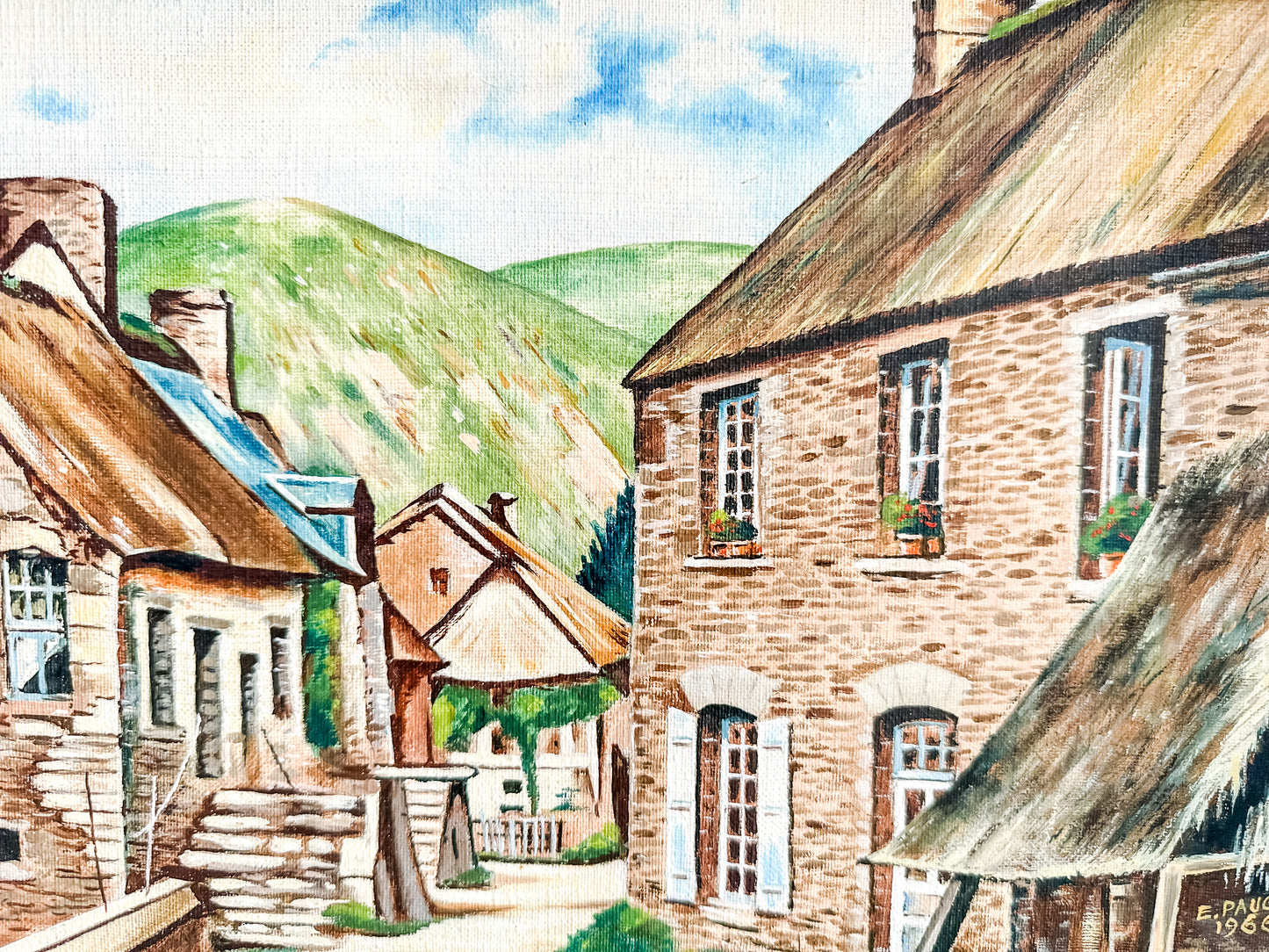 Vintage framed painting - Village in the valley